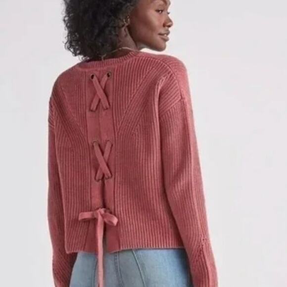 Lucky Brand Mauve Lace Up Back Sweater Womens Large Cotton Chunky Knit Crew Neck - Picture 1 of 11